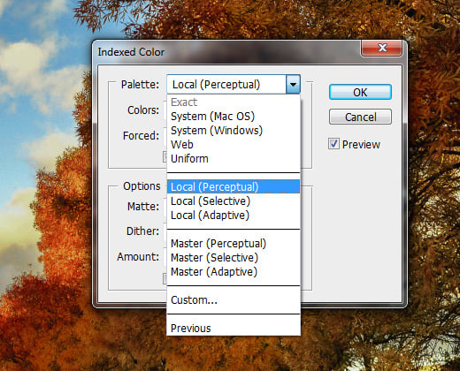 indexed colors settings menu photoshop