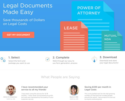 legal documents landing page website