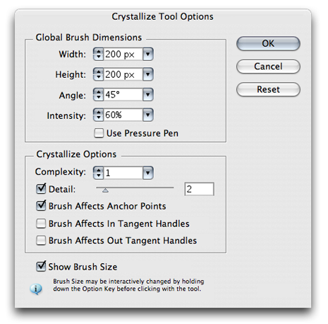 Crystalize Tool Options