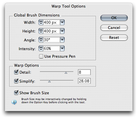 Warp tool options