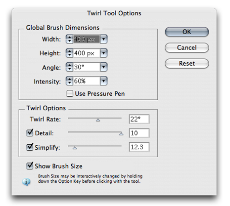 Twirl tool options