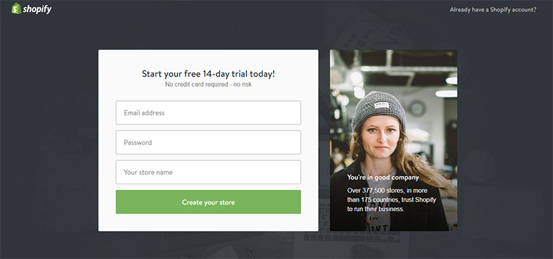 shopify registration page
