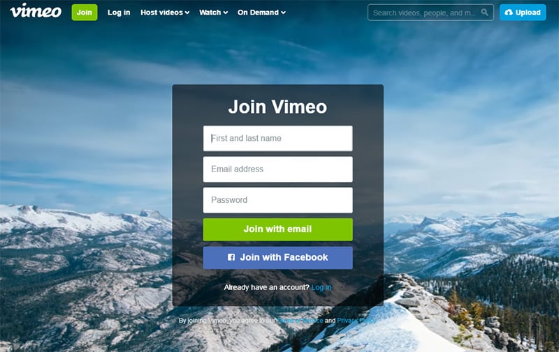 vimeo registration page