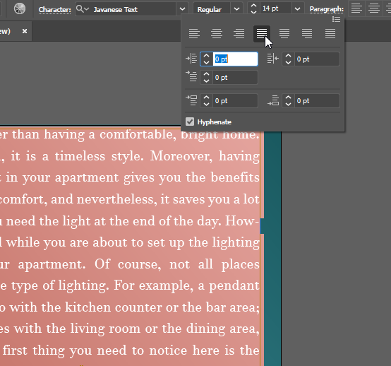 Justified text in the paragraph settings