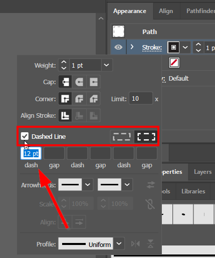 Checking the box for dashed line