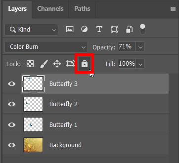 Using the lock icon to to lock or unlock layers in Photoshop.