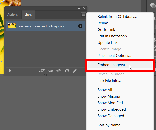 Selecting embed images from the menu