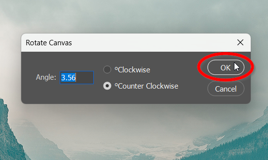 Clicking OK on the rotate canvas dialog box