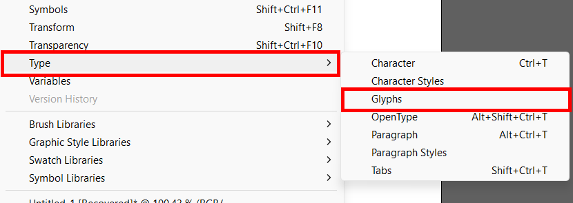Accessing the glyphs panel by going to Window > Type > Glyphs