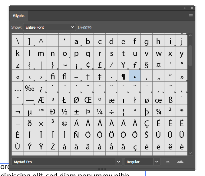 The symbols available in the glyphs panel