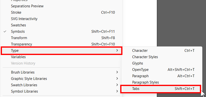Editing tab settings by going to Window > Type > Tabs