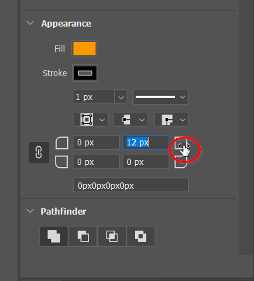 Corner radius value in the appearance panel