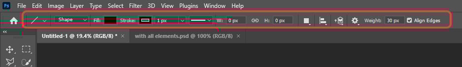 The Line Tool's menu bar