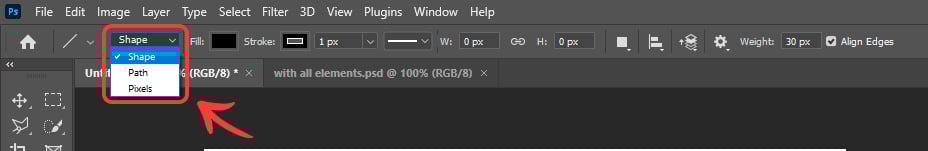 Selecting shape, path, or pixels