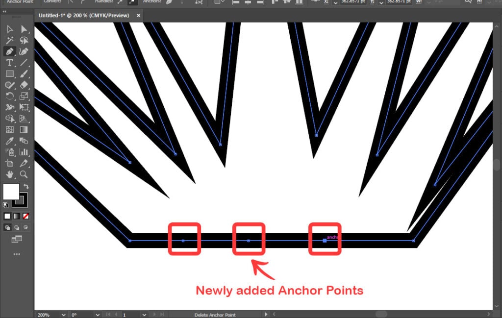 New anchor points added to the bottom of the shape by using the pen tool