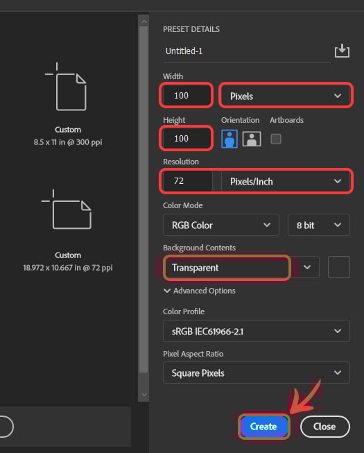 Settings for the new file that will be 100 pixels by 100 pixels and a transparent background