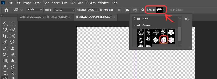 Selecting a custom shape to apply