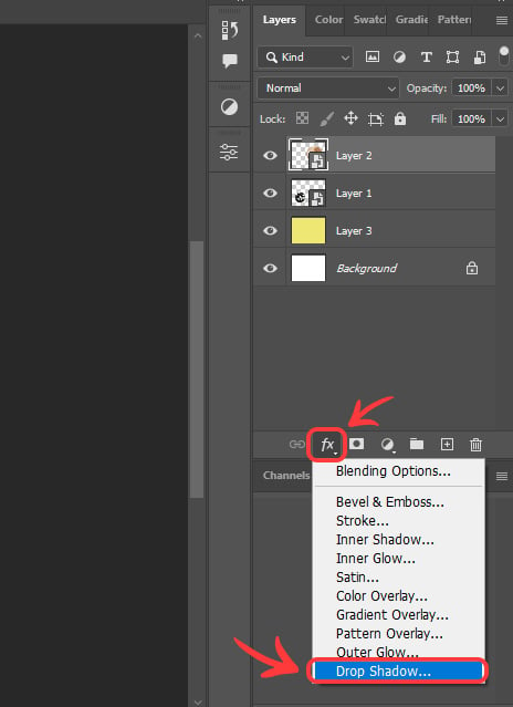 Clicking the fx icon in the layers panel and selecting drop shadow