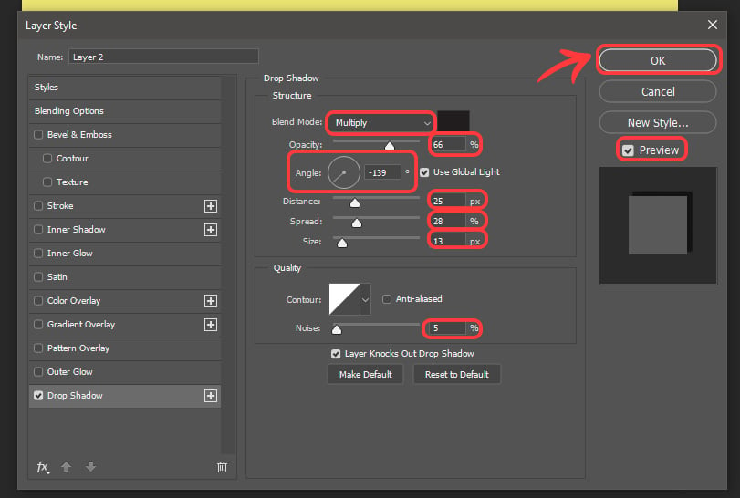 The settings used for the drop shade include blend mode of multiply and 66% percent opacity.