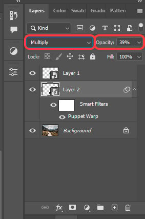 Changing the layer's blend mode to multiple and opacity to 35%