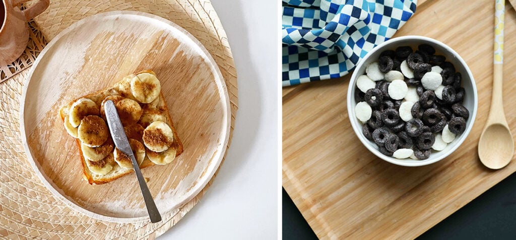 Photo if a plate with toast and photo of a bowl with cereal