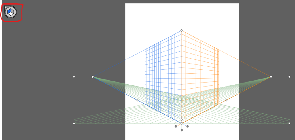 The perspective grid with one side orange and the other side blue