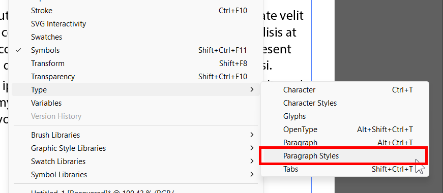 Setting paragraph styles by going to Window > Type > Paragraph Styles