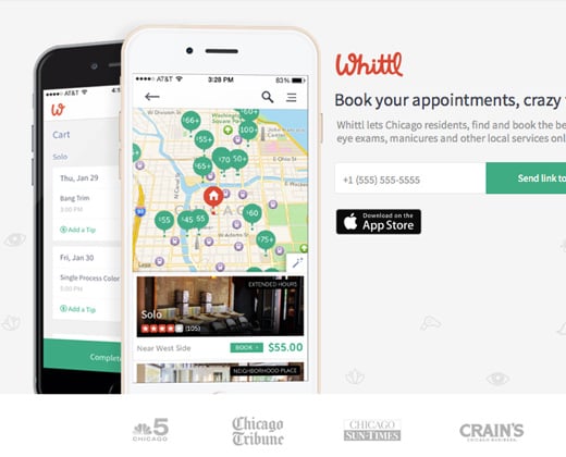 whittl app landing page signup design